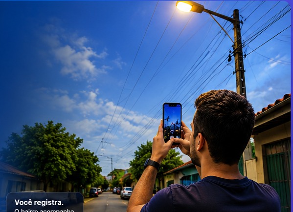 Morador registrando uma situação de iluminação pública pelo celular